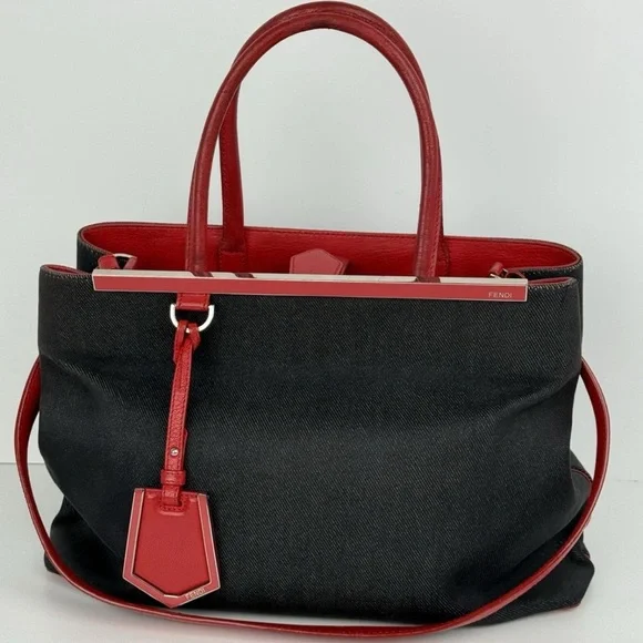 Fendi Navy Denim/Red Leather Medium 2Jours Tote - Picture 2 of 15